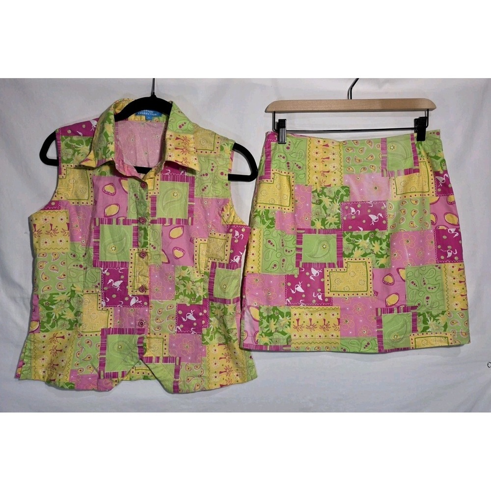 90s Cotton Connection Patchwork Skirt Set Sz 8 Tropical Cottage See Description